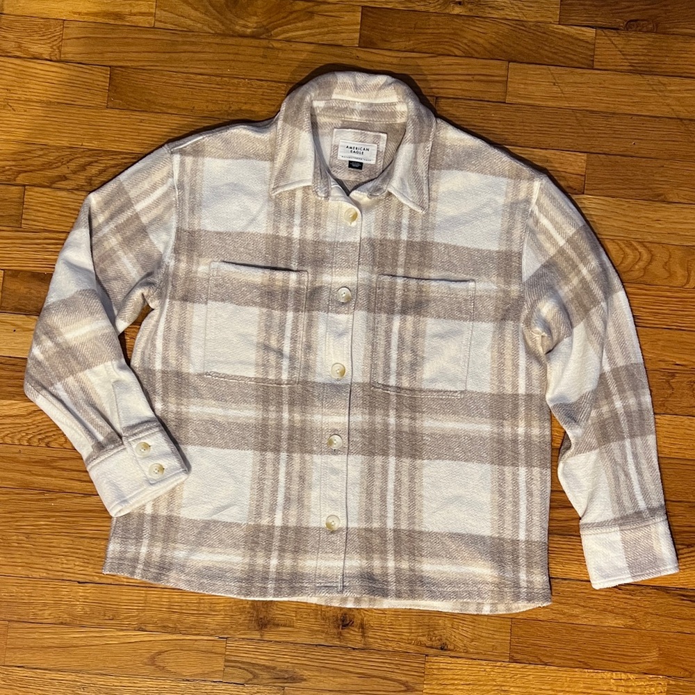 American Eagle Outfitters Plaid Button Down Shirt - Cream and Tan